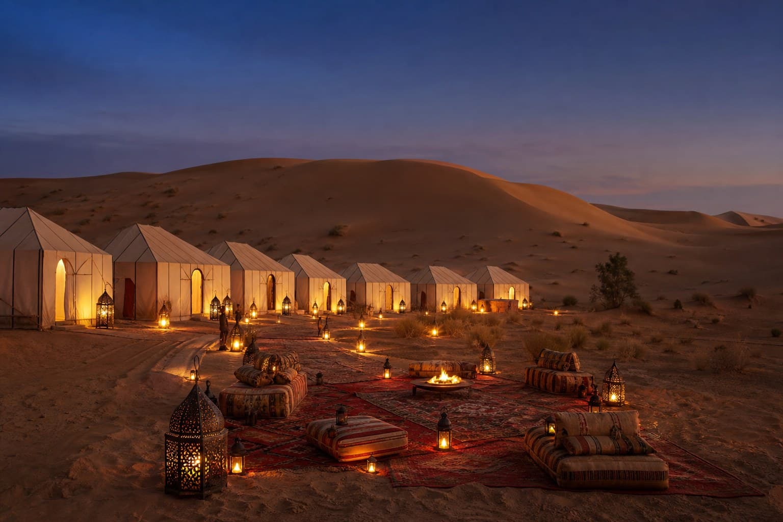 A Berber tented desert camp among the dunes near Merzouga