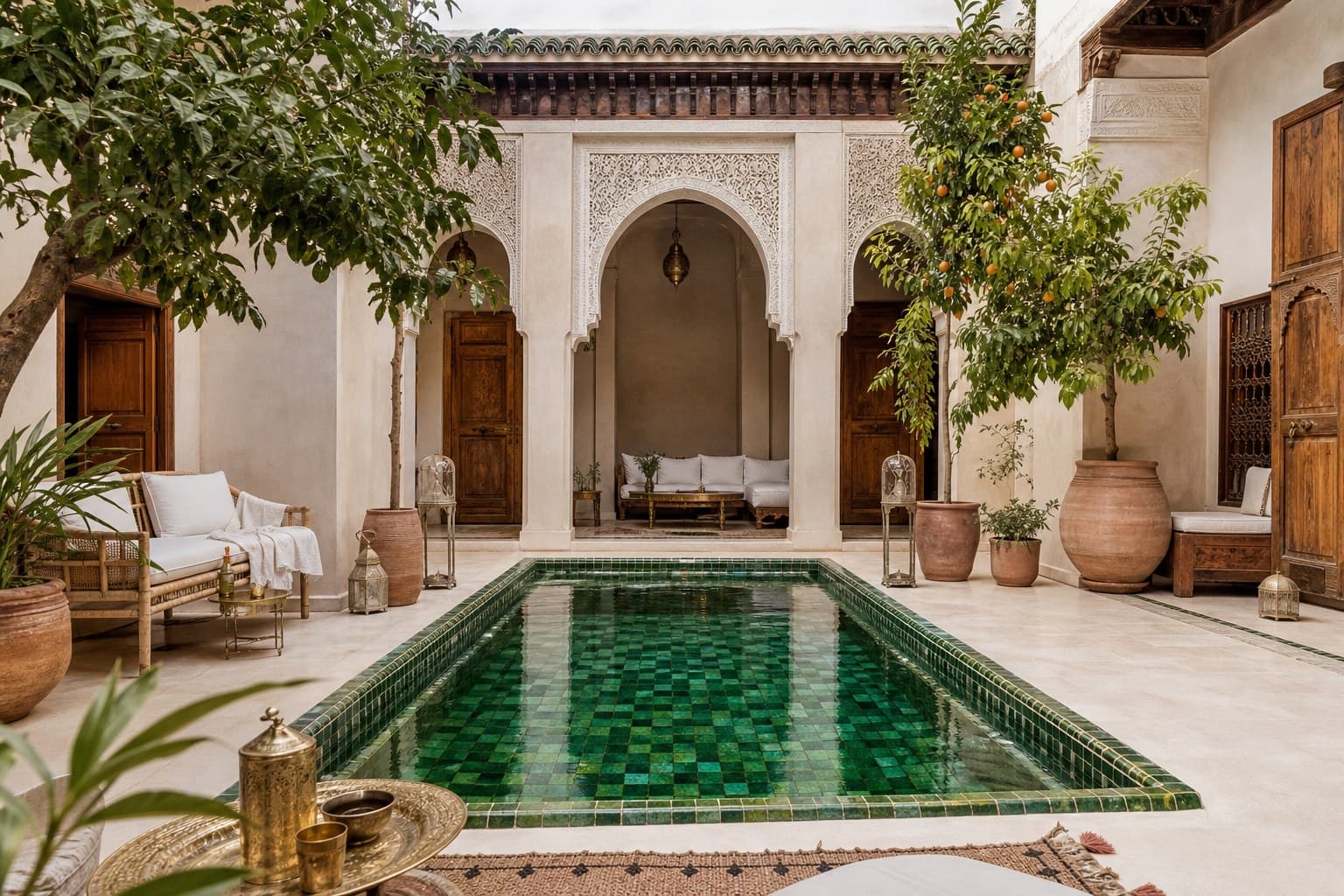A palm-filled courtyard and plunge pool inside a traditional Marrakech riad