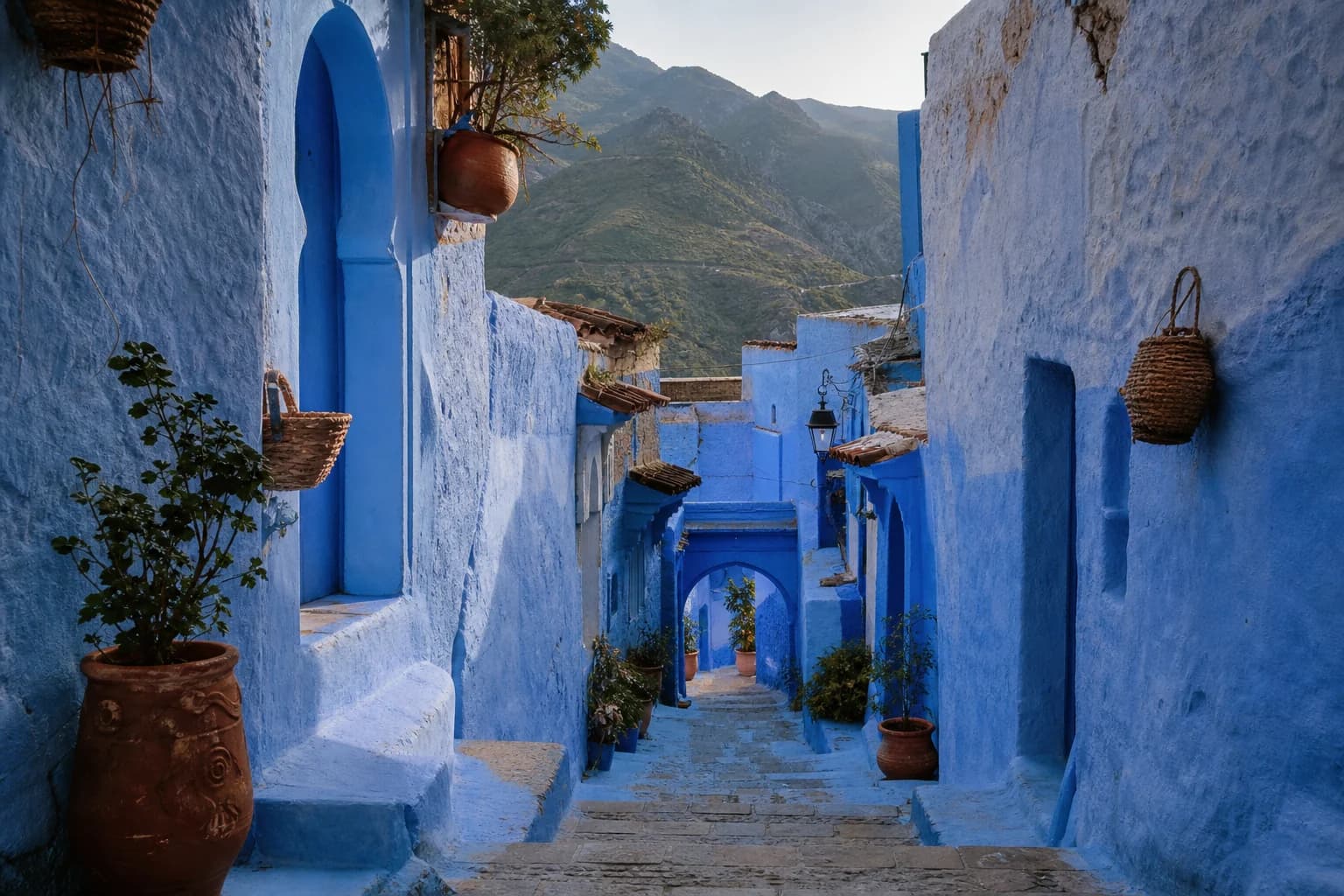 A quiet blue-washed lane in Chefchaouen with the Rif Mountains beyond